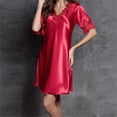 thumbnail image 4 of Koadzawe Women's Satin Nightgown V-Neck Sleepwear Short Sleeve Sleep Dress with Elegant Embroidery Lace Trim Soft Silk Feel Loungewear Comfortable Nightshirt Red 3XL, 4 of 6