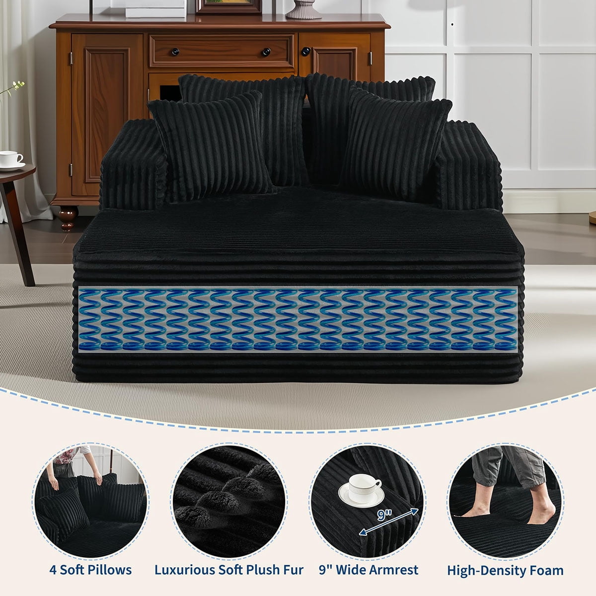 Danolapsi 54.3" Oversized Chaise Lounge,Wide Boneless Corduroy Loveseat with 4 Pillows, Armrests, Comfy Fluffy Reading Couch, No Assembly Required Deep Seat Sofa for Living Room, Bedroom, Office