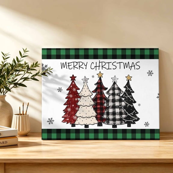 Merry Christmas Canvas Wall Art, Rustic Red Black Plaid Dotted Christmas Tree Wall Art Prints Artwork Framed Canvas Ready to Hang Art Pictures for Study Living Dining Room Bedroom 20" x 16"