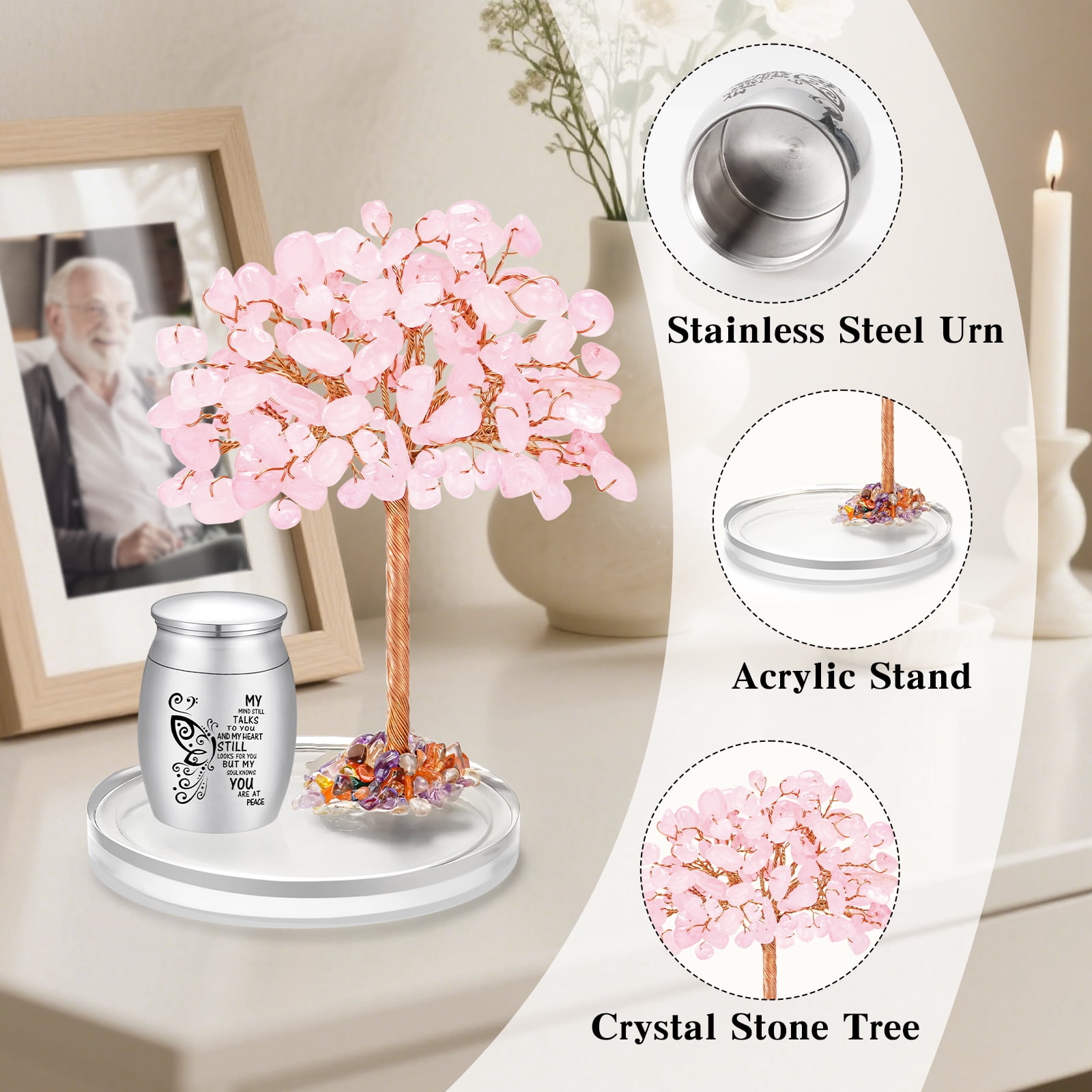 Small Urns for Human Ashes Keepsake, 1.57 Inches Stainless Steel Mini Urn for Women Men with Pink Crystal Tree - Decoration Urn Butterfly Cremation Keepsake Sharing Holder