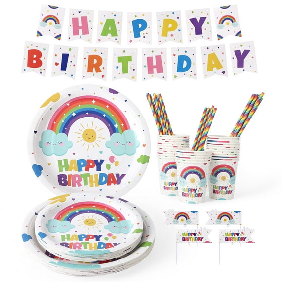 DSstyles Birthday Party Supplies, Happy Birthday Paper Plates, Cups, Straw, Birthday Hat and Banner for Colorful Birthday Party Decorations, 151 Pcs Birthday Tableware Set Serve 25