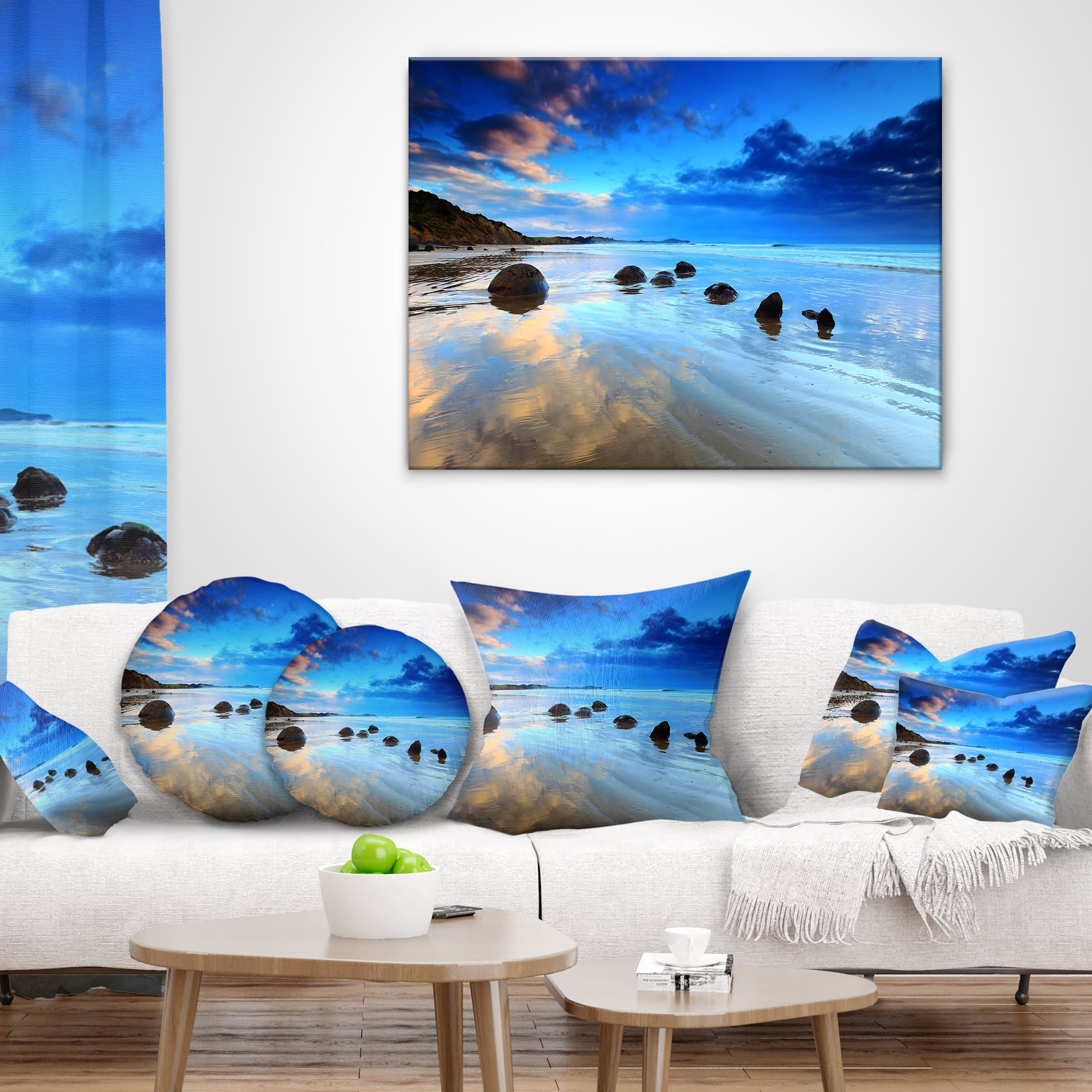 Designart Moeraki Boulders Under Cloudy Sky - Seashore Photo Throw Pillow - 16x16