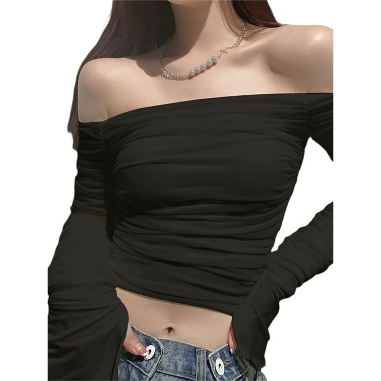 wybzd Women Mesh Solid Color Off-the-shoulder Flare Sleeve Ruched T-shirt  Crop Tops S-L 