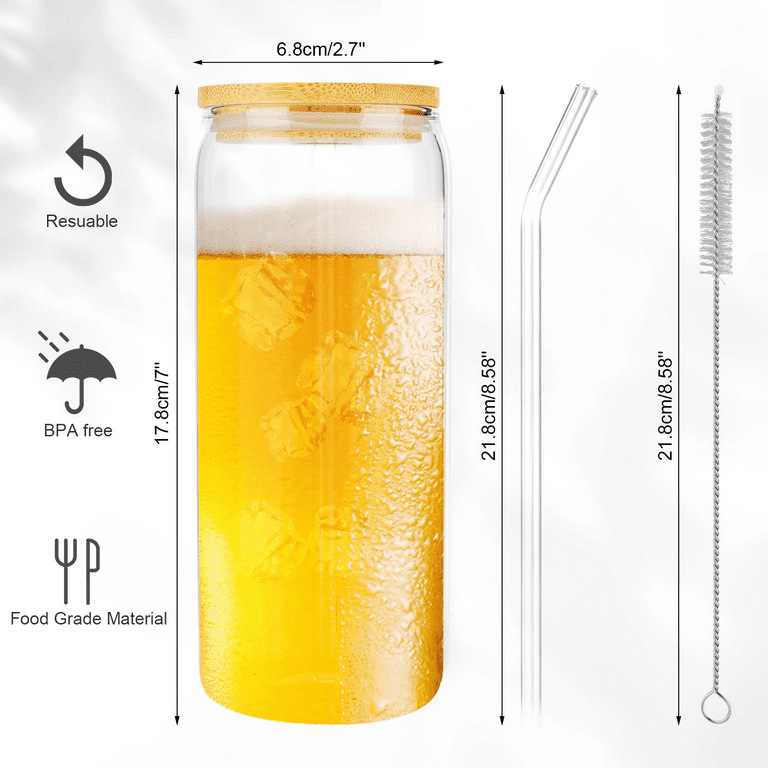 20 OZ Glass Cups with Bamboo Lids and Straws - Beer Can Shaped Drinking  Glasses with Silicone