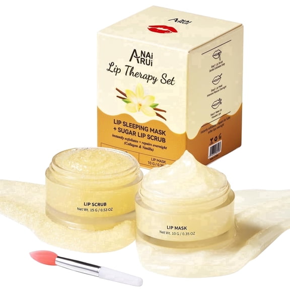 ANAiRUi Lip Mask and Scrub Set Lip Sleeping Mask and Lip Scrub for Overnight Care Lip Care Kit for Dry Chapped Lips Vanilla