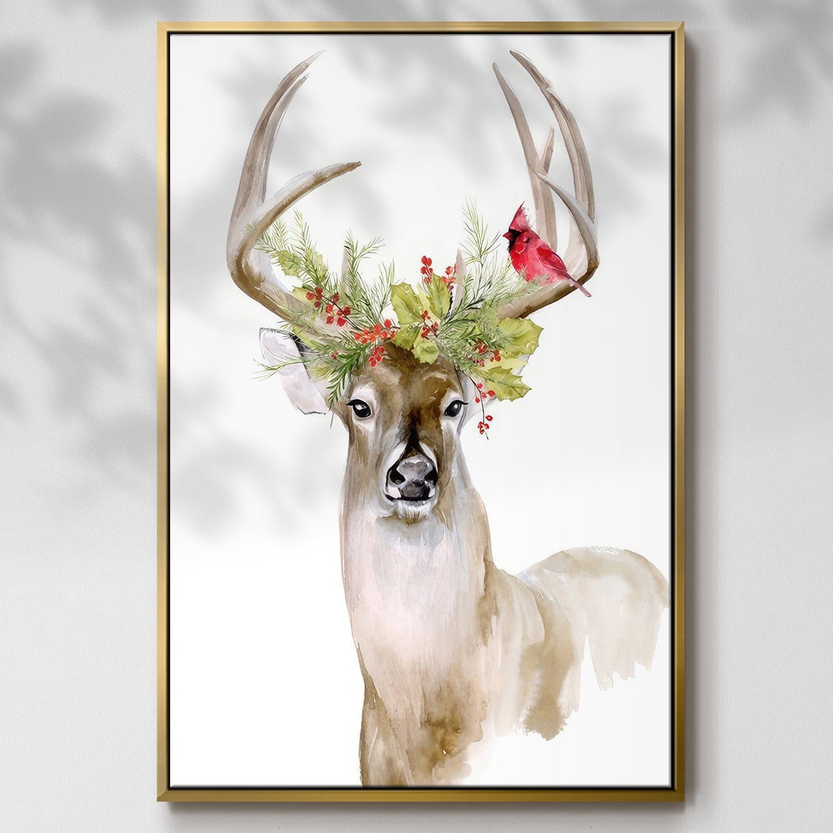Holiday Deer I - Framed Gallery Wrapped Holiday Canvas - 27 x 41 - Gold Frame