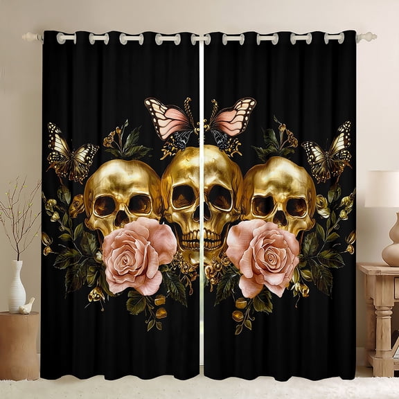 Manfei Black Gold Skeleton Teens Black Out Curtains, Vintage Countryside Floral Curtains Pack of 2 (42x63 Each), Hippie Butterfly Bedroom Curtains, Living Room Curtains Decor