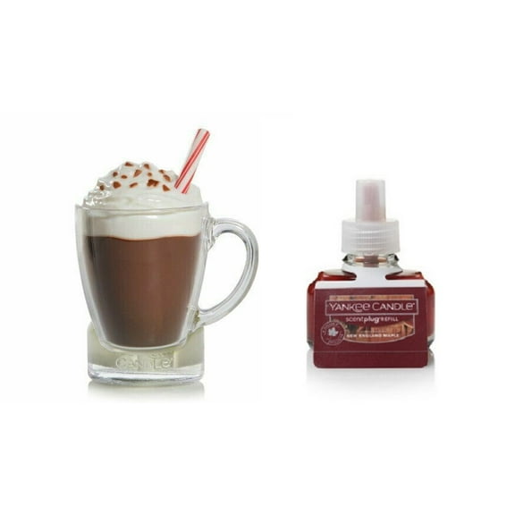 Yankee Candle Hot Cocoa Scent-Plug Diffuser Unit with a New England Maple Home Fragrance Electric Refill 2-pc Set