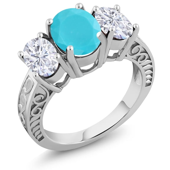 Gem Stone King 925 Sterling Silver 3-Stone Ring Oval Green Turquoise and Moissanite (3.30 Cttw, Size 9)
