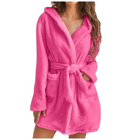 

Robe for Women Mid Length Belted Solid Color Plush Fleece Bathrobe Soft Winter Spa Robes with Pockets