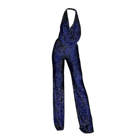 AWXNJUX Summer New Jumpsuit Lady's Sleeveless Halter Neck Sequin Pants Women Pants Romper Wedding (Blue,M)