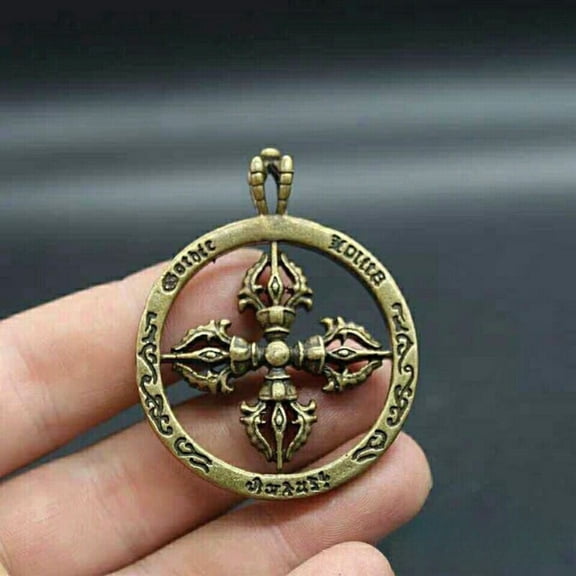 Tibetan Cross Vajra Pendant Solid Brass Dorje Amulet Buddhist Antique Style Hanging Decoration Accessory