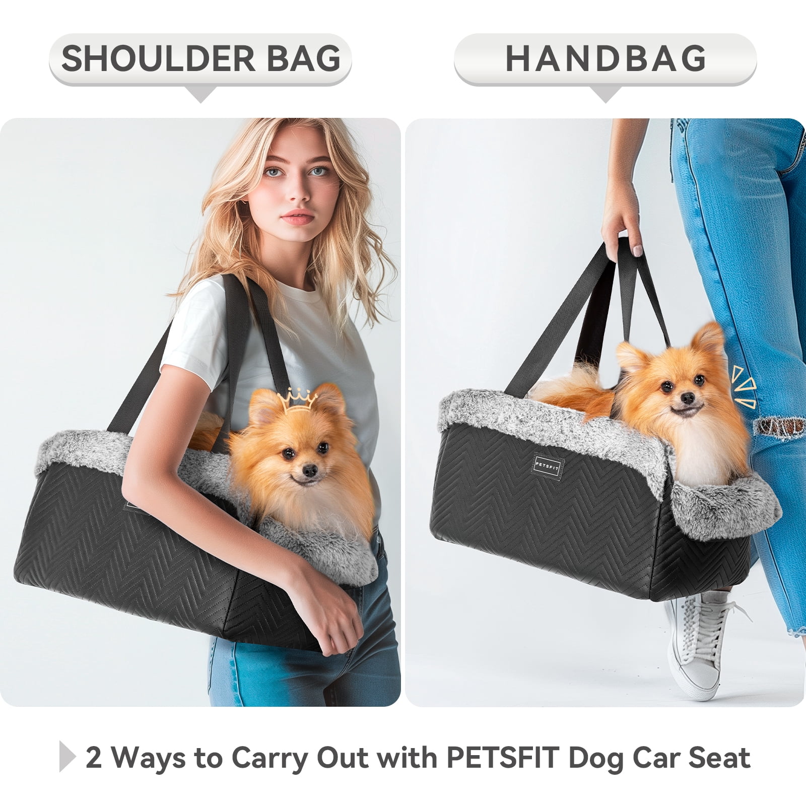 PETSFIT Center Console Dog Car Seat, Portable Car Seat for Dogs with Safe Protective Hooks, Luxury Dog Car Seats for Small Dogs, Dog Car Carrier Includes Safety Tether for Pets Up to 12 lbs (Black)