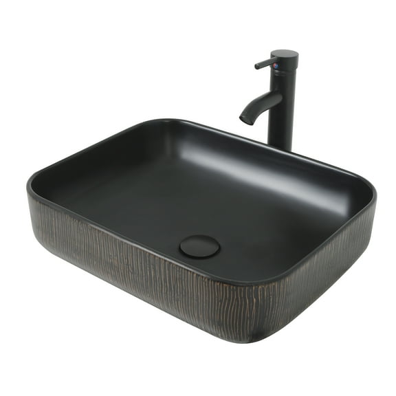 FULLWATT Ceramic Bathroom Sink, Above Counter Ceramic Vanity with Faucet and Pop-Up Drain Combo, Rectangular Modern Above Counter Bathroom Sink