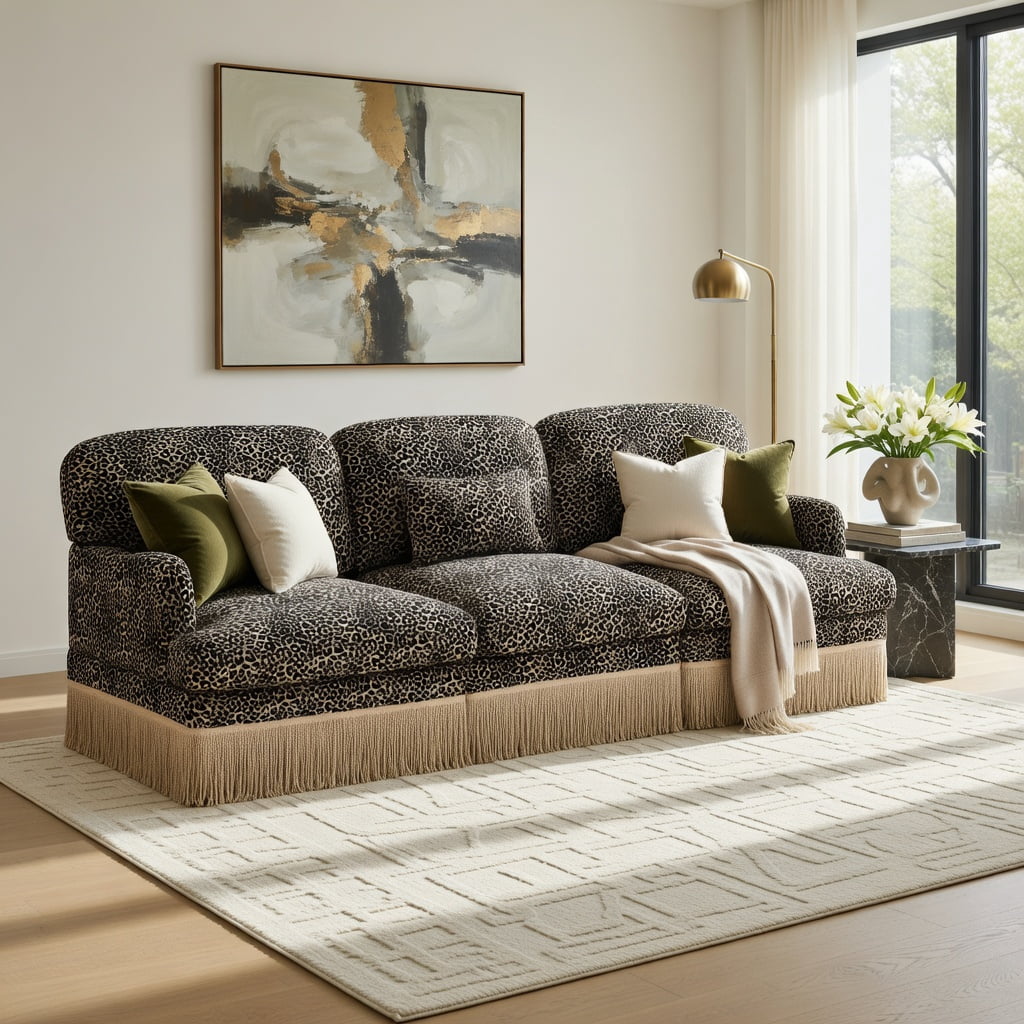 Hommoo 100" Leopard Print Chenille 3-Seater Modular Sectional Sofa, Tassel-Trimmed, Deep Seat, Ergonomic Support, Easy Snap-Together Assembly for Modern Living Rooms, khaki
