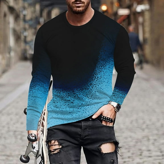 M-4X Plus Size Mens Big & Tall T Shirts Long Sleeve Tshirts Shirt Casual Pullover Crewneck Gradient Printed Slim Basic Athletic Workout Tees Tops