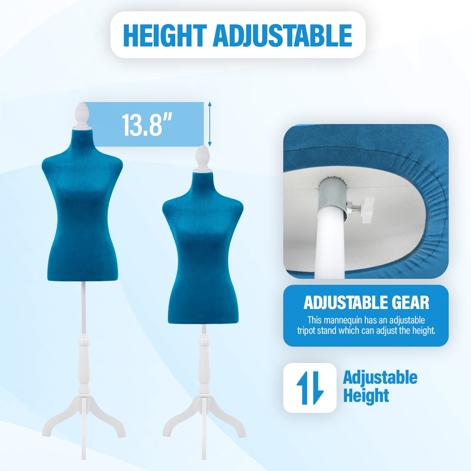 FDW Dress Form Sewing Mannequin - 50-63" Adjustable w/Wooden Tripod Stand，Blue