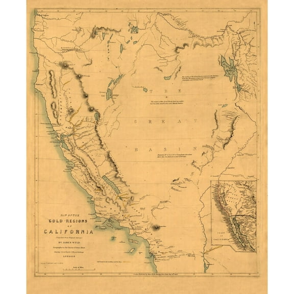 Historic Mine Map - California Gold Regions - Wyld 1849 - Vintage Wall Art
