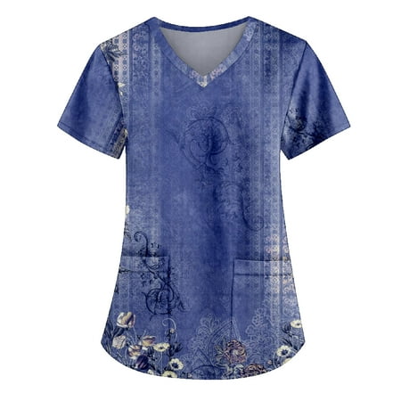 

Mlqidk Scrub Tops for Women Floral Printed Short Sleeve Nurse Working Uniform Summer V Neck Holiday Tunic Blouse with Pocket Dark Blue XXXXXL