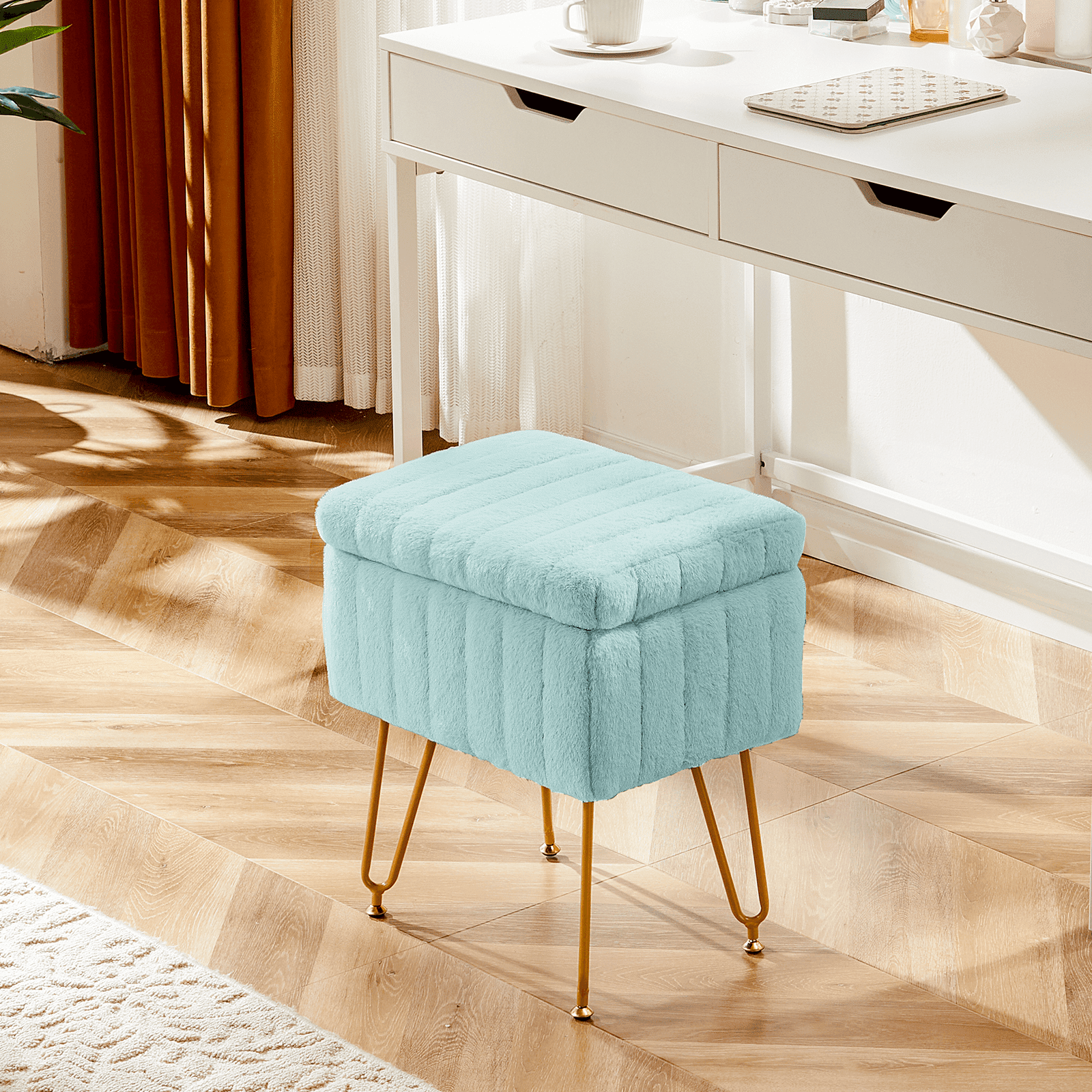 ZUNMOS Ottoman Vanity Stool Chair, with Storage, Modern Style Faux Fur Seat with 4 Metal Legs & Non-slip Feet for Living Room, Bedroom, Mint Green
