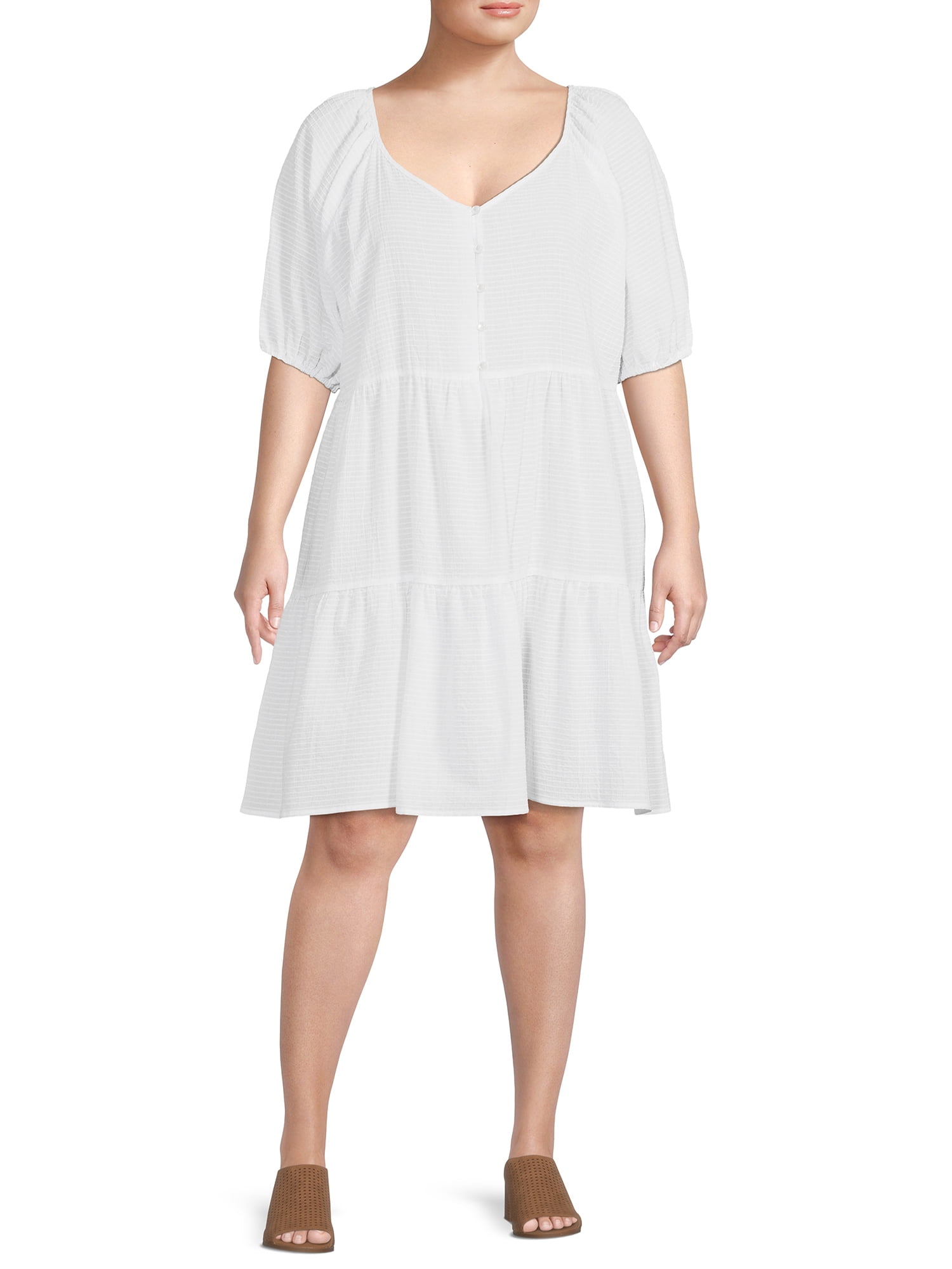 Time and Tru Women's and Women's Plus Button Front Tiered Mini Dress