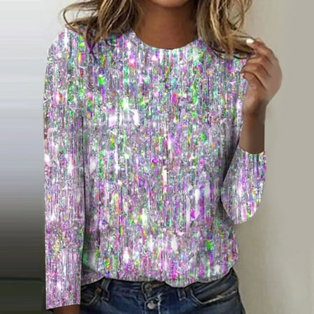 Outfmvch Glitter Top Mesh Long Sleeve Tops for Women Shirts for Women Style Round Necked Casual Irregularly Printed Long Sleeved T Shirt 3/4 Length Sleeve Womens Tops Corset Tops for Women Purple 2XL