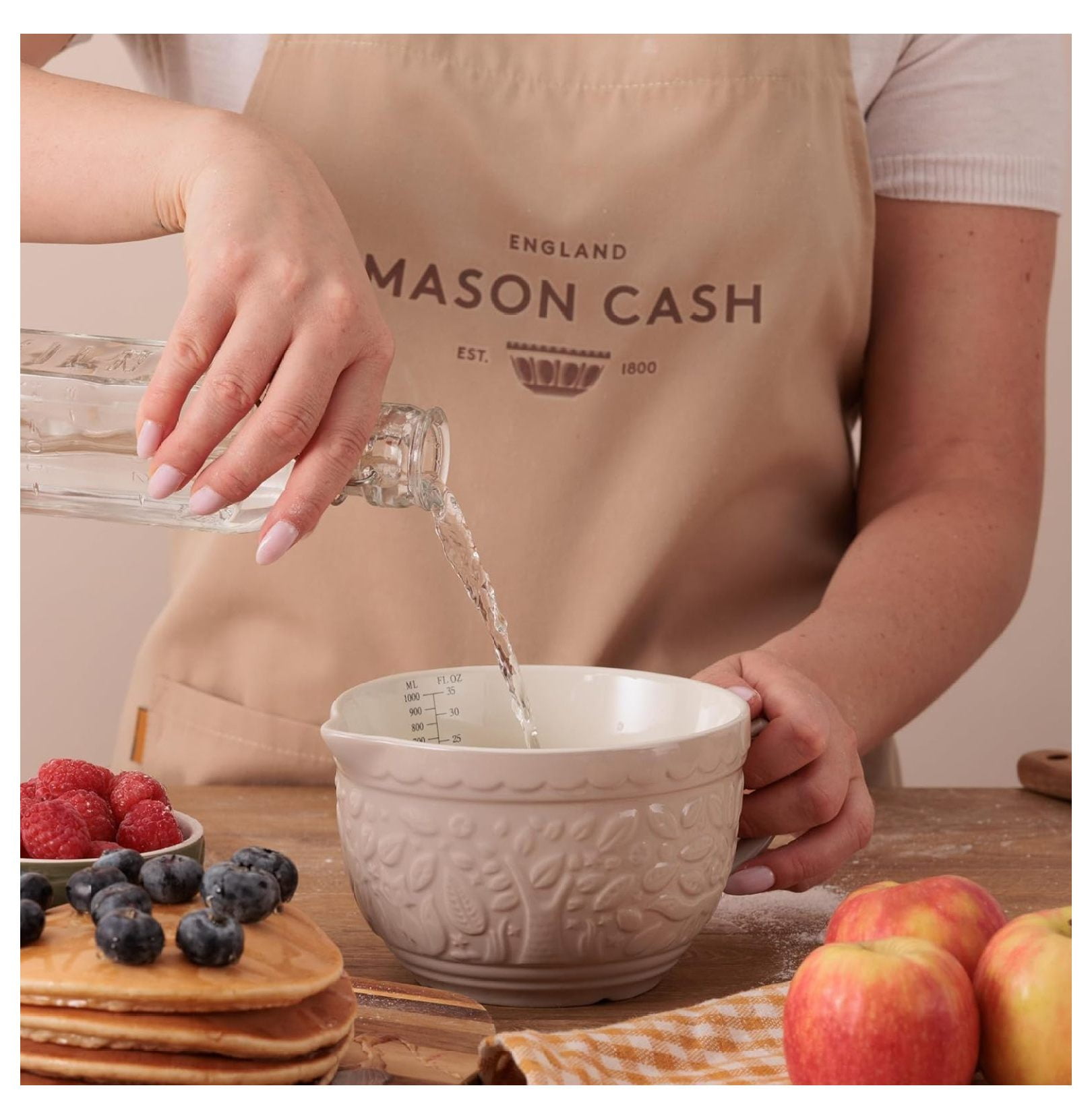 Measuring Jug 1 Quart - In The Forest Collection Stoneware Pitcher - 34oz Embossed Fox Design - Kitchen Measuring Cup for Baking, Cooking, & Liquid - Dishwasher Safe