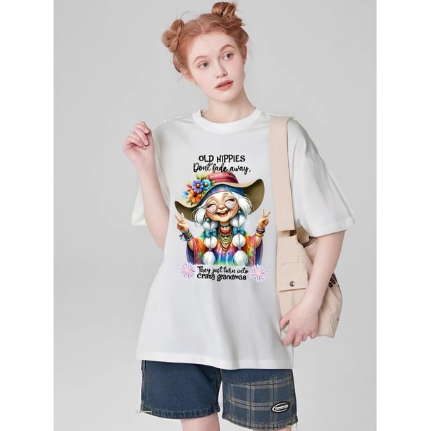 Old Hippie, Monogram Print, Short Sleeve Crew Neck Casual Top for Summer & Spring