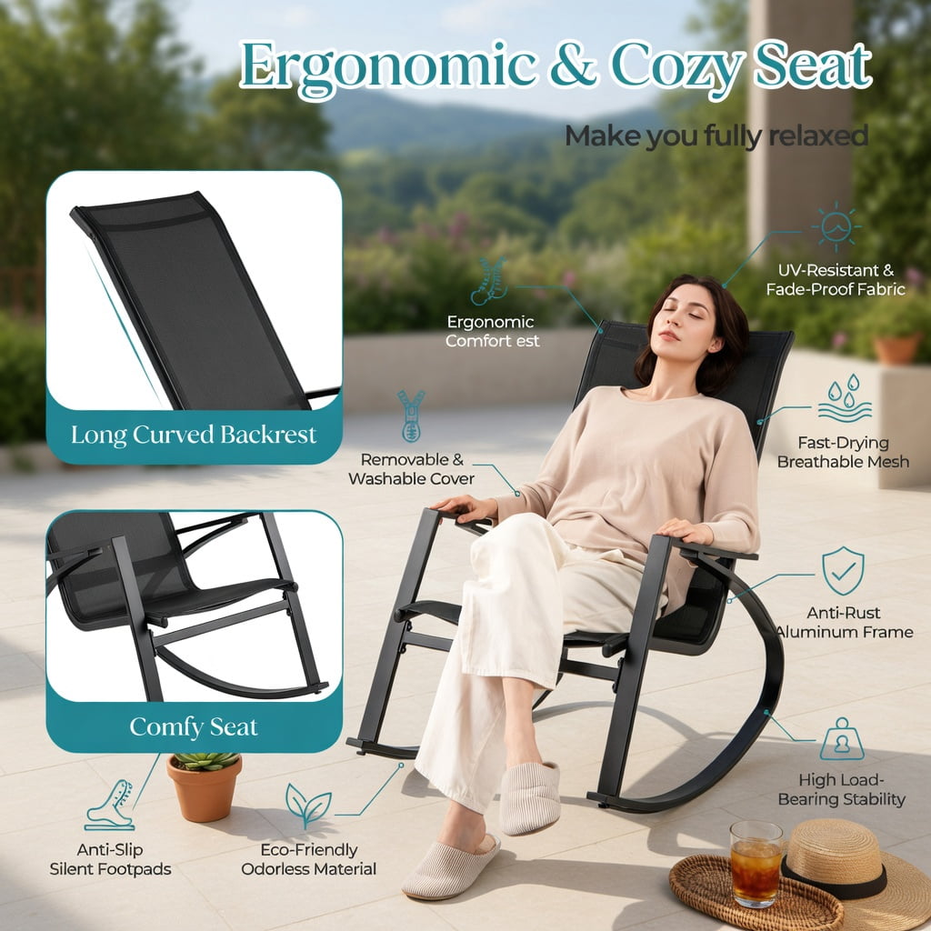 Hommoo 2-Pack Outdoor Rocking Chairs for Patio, Ergonomic Sling Fabric Rockers with Sturdy Steel Frame, Breathable Seat & Anti-Slip Base, Black