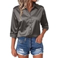 thumbnail image 2 of TTUHYWXI Womens Satin Silk Button Down Shirts Long Sleeve Blouse Casual Work Office Tops (Dark Gray, L), 2 of 5