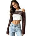 thumbnail image 6 of Womens Fishnet Crochet Crop Top Long Sleeve See Through Hollow Out Mesh Bikini Cover Ups Brown S, 6 of 6