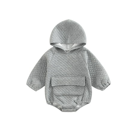 

Amuver Baby Fall Winter Hooded Romper Casual Long Sleeve Solid Color Front Pocket Bodysuit