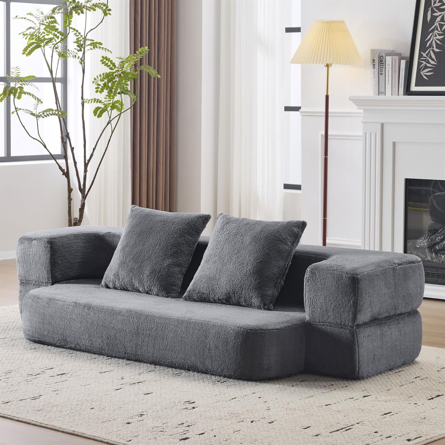Demi Bonn Versatile 3-in-1 Sectional Sofa with Ottomans, Cozy Foam Fold-Out Bed, Space-Saving Chenille Lounger for Small Apartments & Home Offices, Gray