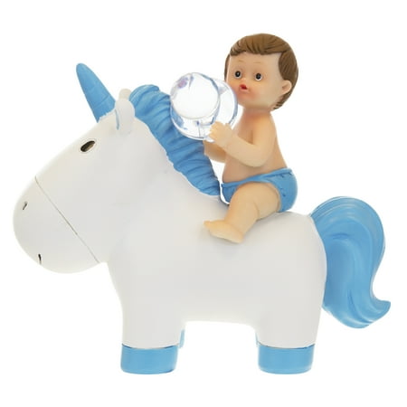 Mega Favors Keepsake Figurine 6" Baby Boy Holding Pacifier And Blue Unicorn | Awesome Decorations or Party Favors | for Pregnancy Announcements, Gender Reveals, Birthday and Special Celebrations