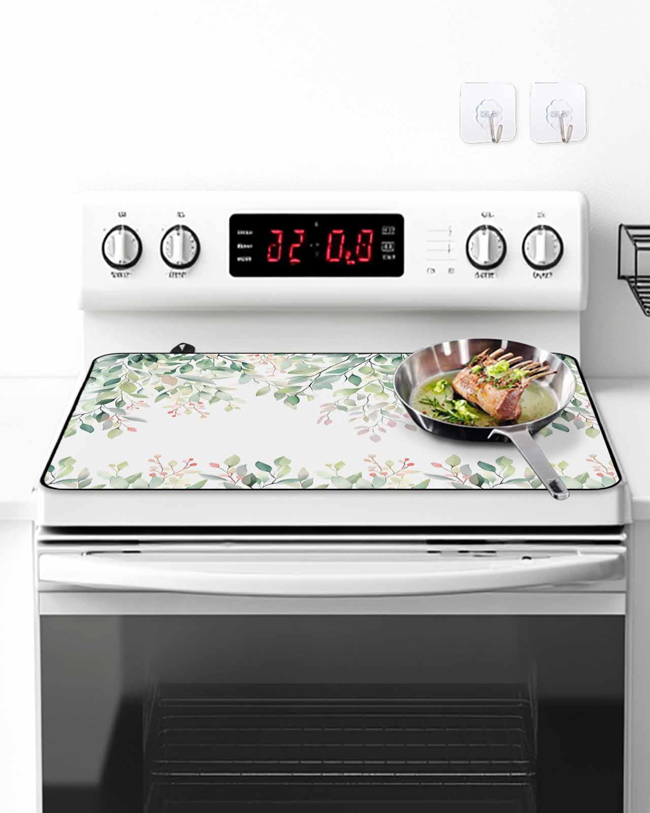 Stove Top Covers for Electric Stove, Green Botanical Glass Stovetop Cover Protector, Watercolor Floral Spring Eucalyptus Leaves Induction Cooktop Protector Oven Mat for Kitchen Countertop 24"x21"