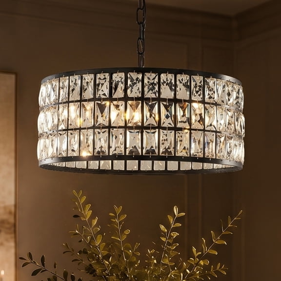 20'' Modern Crystal Chandelier Matte Black Finish 6-Light Round Drum Pendant Light Fixture for Dining Room Kitchen