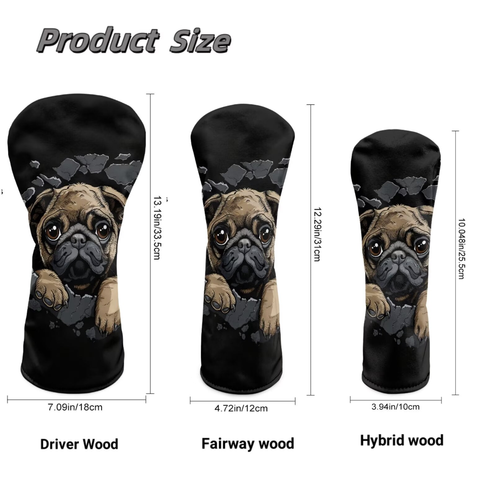 Uorisanigo Cute Pug Golf Club Headcover for Driver, Woods and Hybrid , 3 PCS Set, Premium PU Leather Golf Club Covers for Extra Clubs Protection, Accessories for Men Women