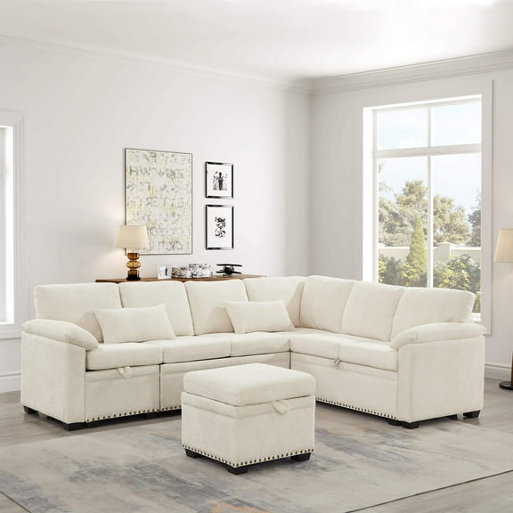 97 Inch L-Shaped Corner Sectional Sofa Couch with Seat and Storage Ottoman,Chenille Fabric Corner Couch with 7 Seats  2 Pillows for Living Room, Beige