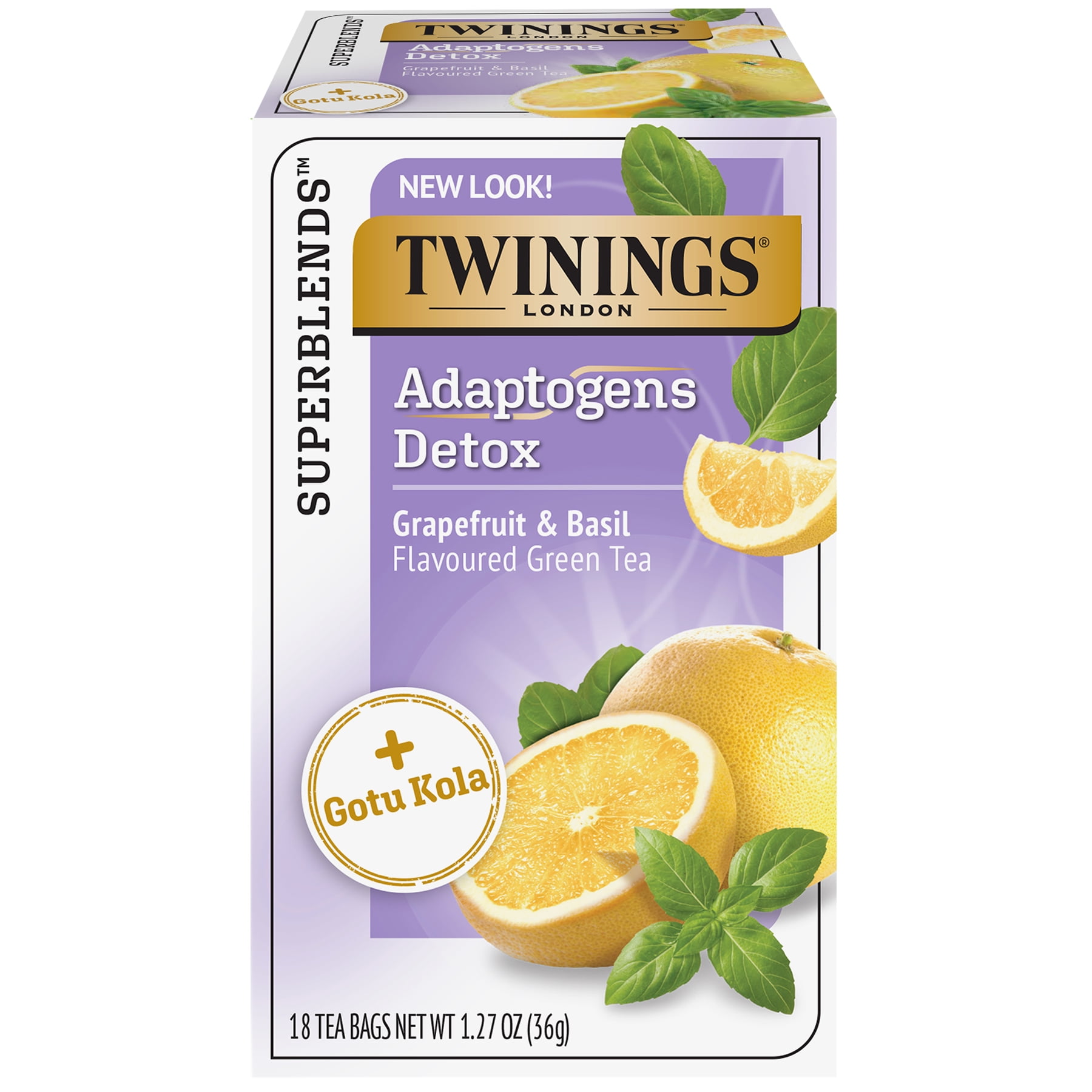 Twinings Superblends Adaptogens Detox Grapefruit & Basil Flavoured Green Tea + Gotu Kola, 18 Tea Bags
