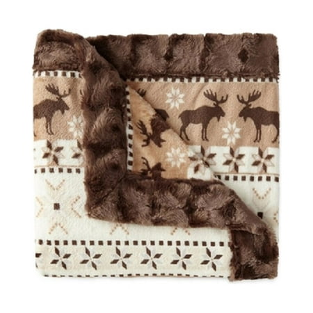 Fur Trimmed Toggle - Cuddl Duds Printed Flannel Fleece Throw With Faux Fur Trim BROWN MOOSE