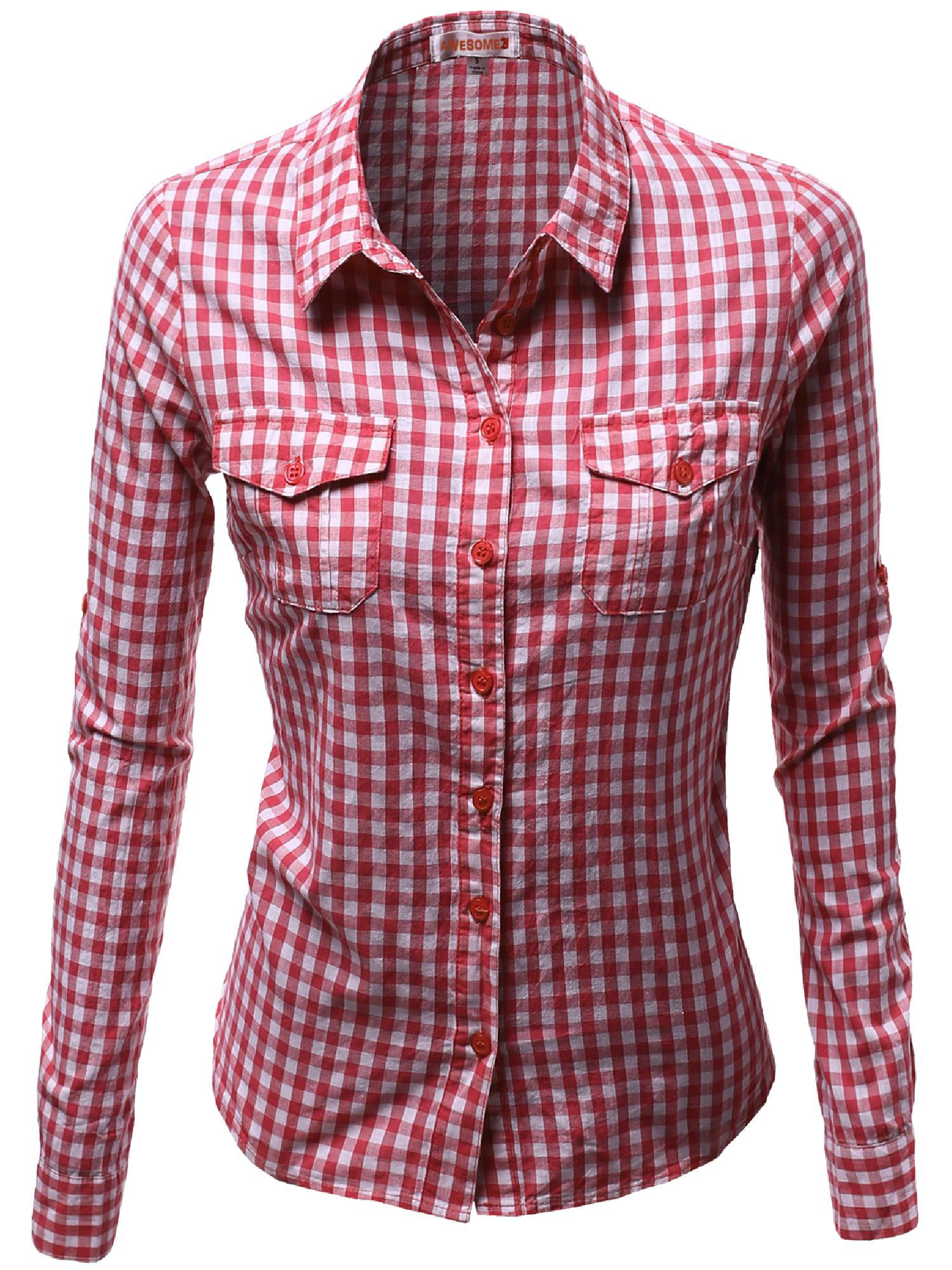 FashionOutfit Women's Basic Slim Fit Roll Up Sleeve Plaid Shirt Blouses ...