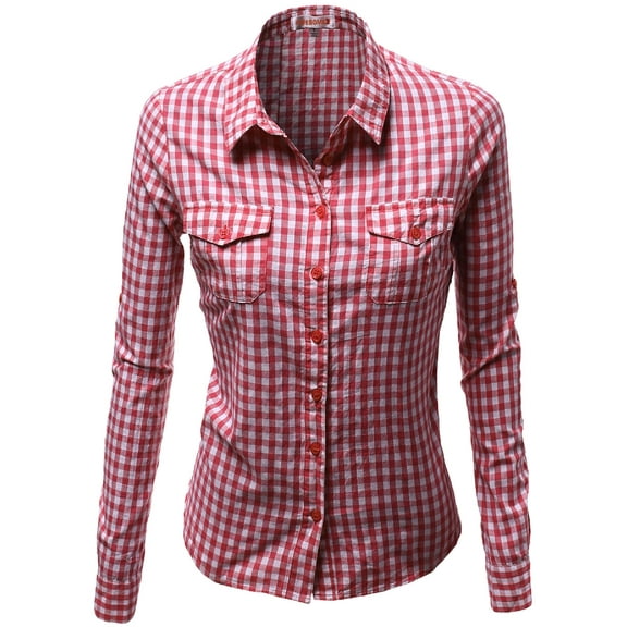 FashionOutfit Women's Basic Slim Fit Roll Up Sleeve Plaid Shirt Blouses