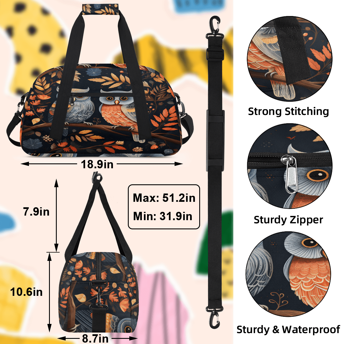 Herdesigns Cartoon Owl Sports Duffle Bag for Women & Men, Cute Owls Gym Bag Dance Bag Overnight Bag Carry On Weekender Travel Bag