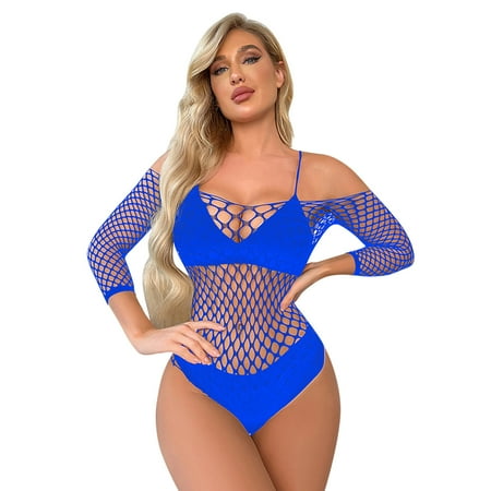 

Womens Lingerie Long Sleeves Fishnet Bodysuit Mesh Teddy Underwear Women
