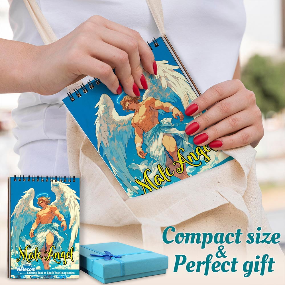 Netecom Male Angel Coloring Book Spiral Bound for Adults, A5 Wooden Cover, 30 Handsome Coloring Pages of Enchanted Beauties from Heaven for Stress Relief and Relaxation