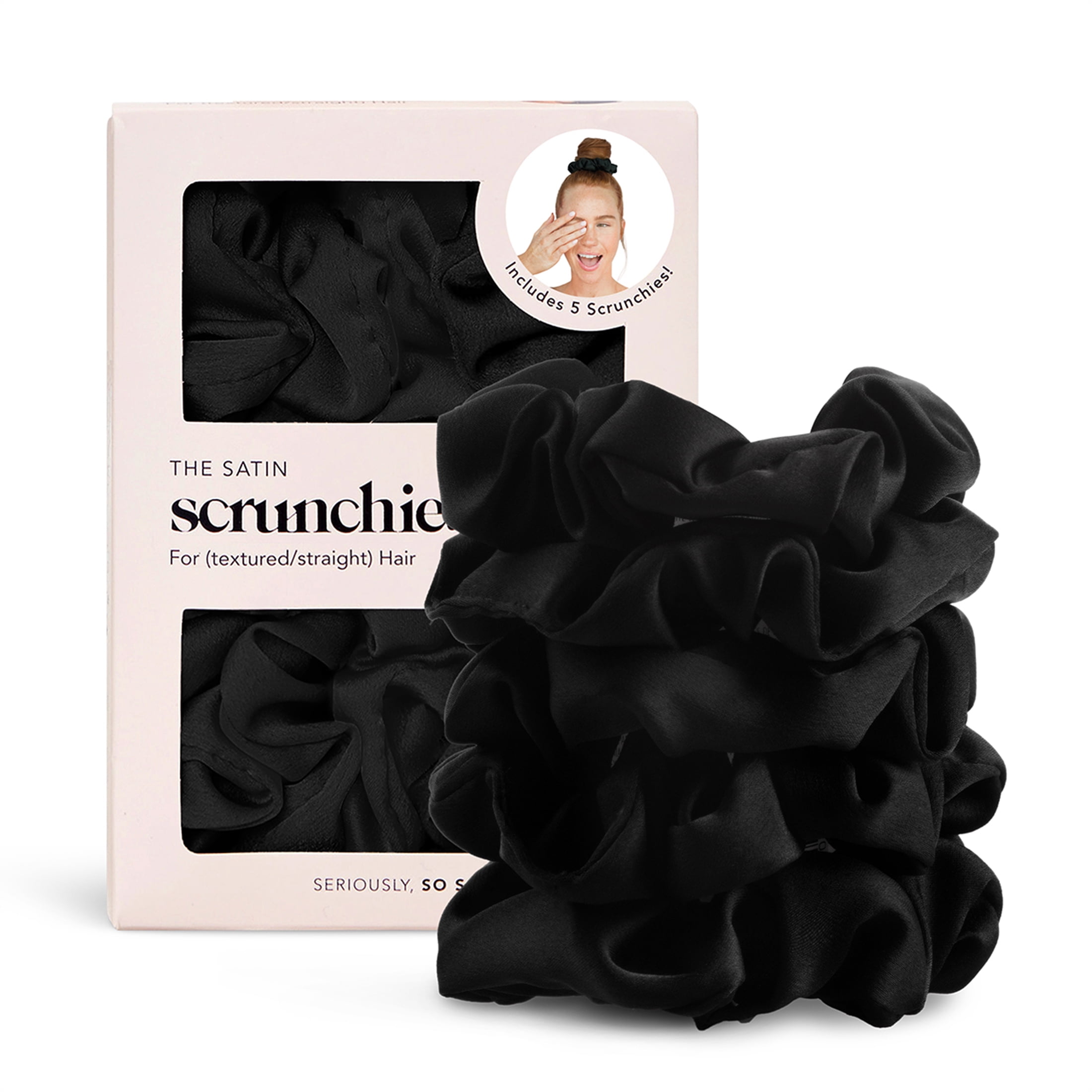 Kitsch Satin Hair Scrunchies Black 5 Pack No Crease Hair 
