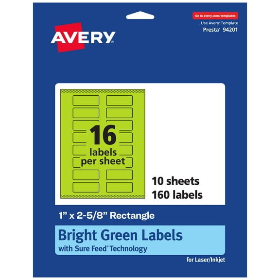 Avery Printable Rectangle Labels, Bright Green, 1" x 2-5/8", 160ct