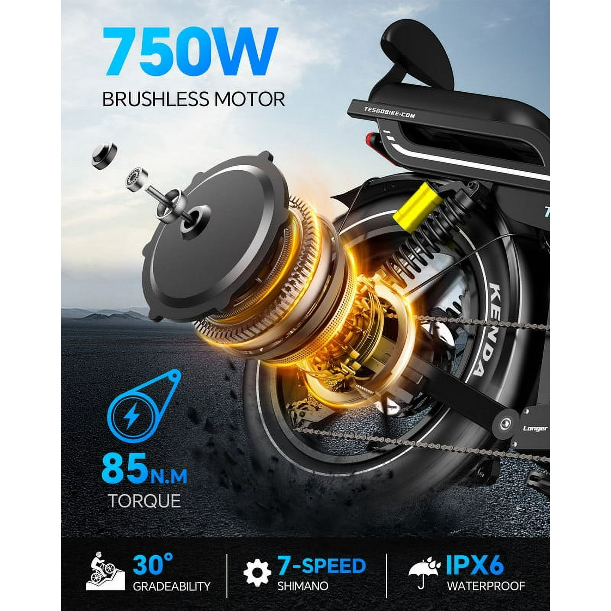 TESGO 48V 60AH Velos Electriques pour Adultes 260KM Longue Distance Velo Electrique 750W W Controle de l Application Conception Brevetee Pliante Velo Electrique a Pression d Air Suspension Complete 20...