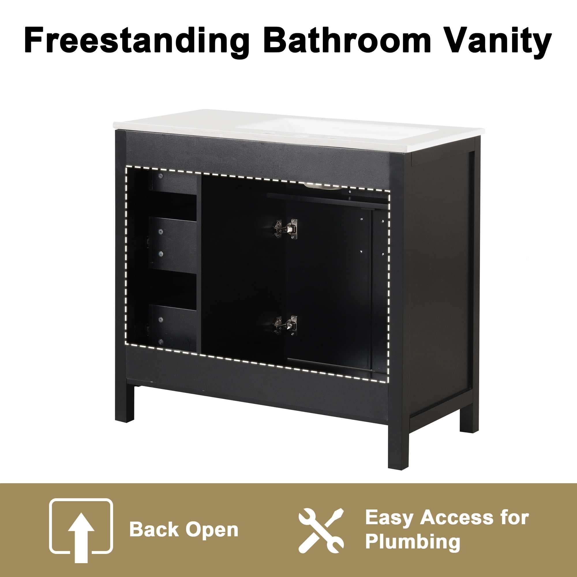 36" Bathroom Vanity with Sink Top, Two Doors and Three Drawers