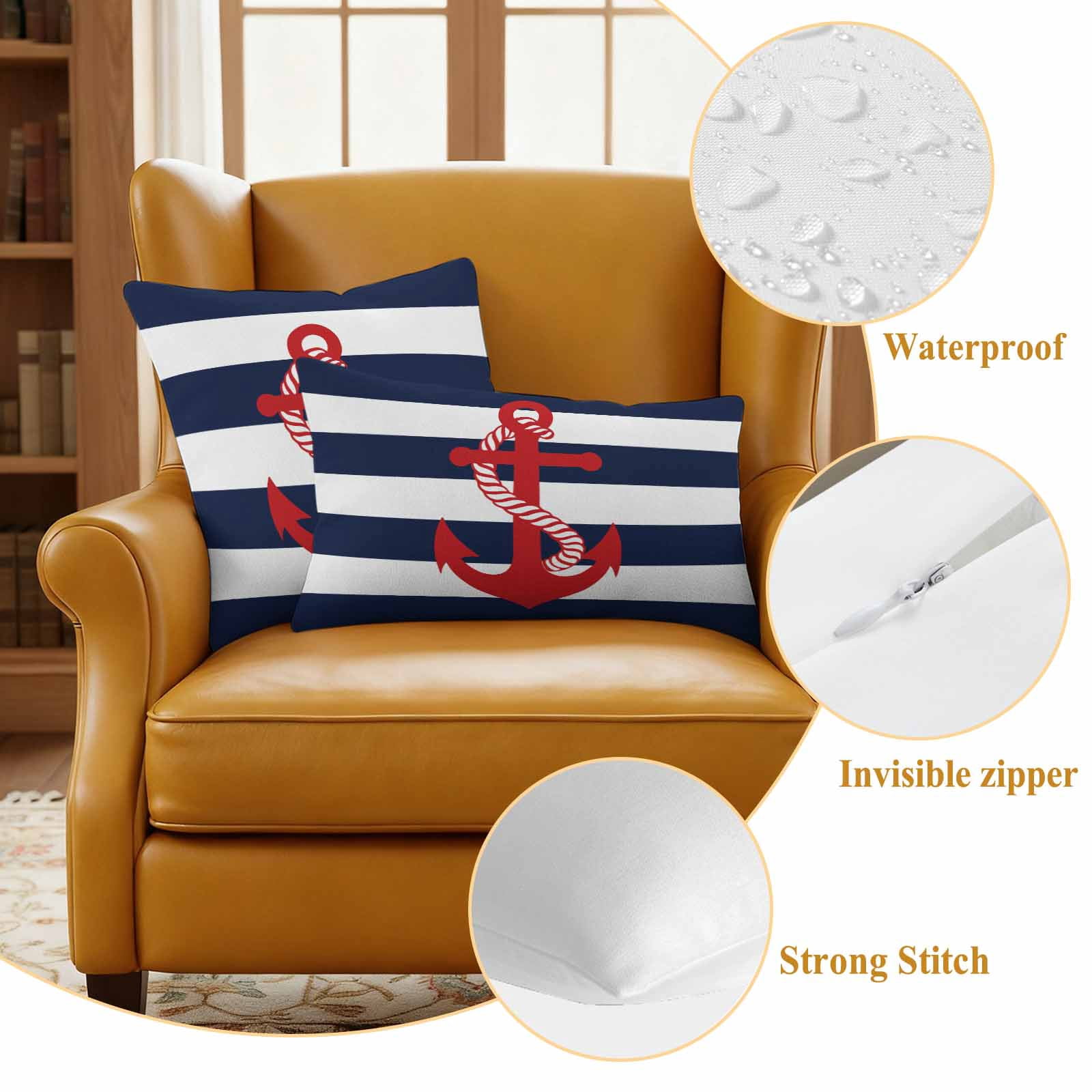 Outdoor Pillow Covers Pack of 2, Nautical Anchor Navy Blue Waterproof Throw Pillowcase Cushion Cases, Summer Ocean Coastal Style Decorative Pillow Cover for Couch Sofa Home Bed Patio
